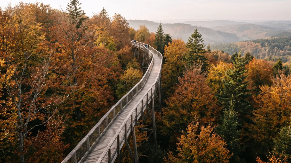 Ein hölzerner Baumwipfelpfad windet sich durch das herbstliche Blätterdach eines Buchenwalds