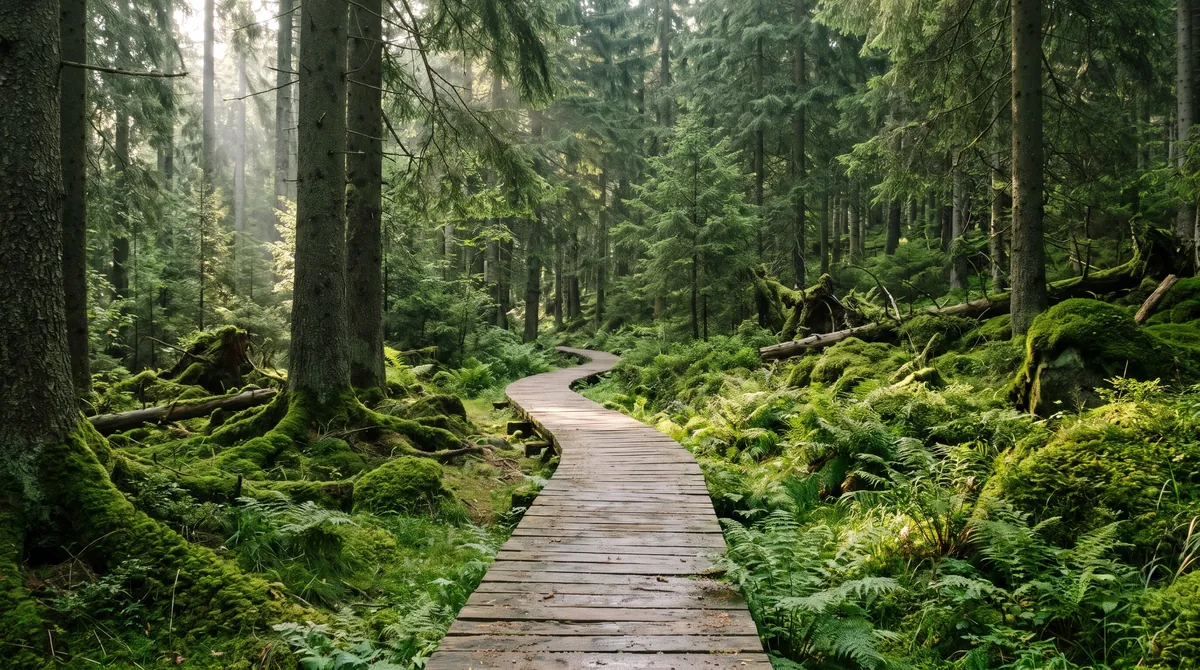 Ein Holzbohlenweg durch einen moosigen Fichtenwald in einem Nationalpark im Morgenlicht