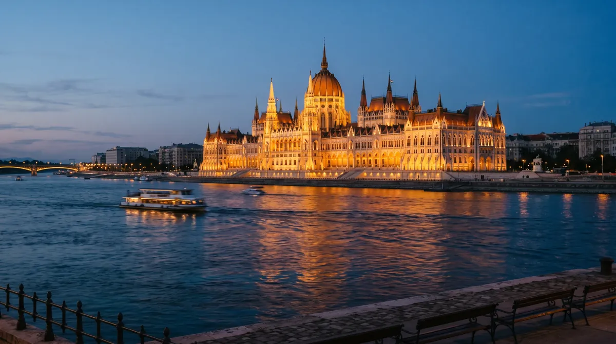 Das ungarische Parlament an der Donau in Budapest zur blauen Stunde, golden beleuchtet und im Fluss gespiegelt, ein Flussschiff fährt vorbei