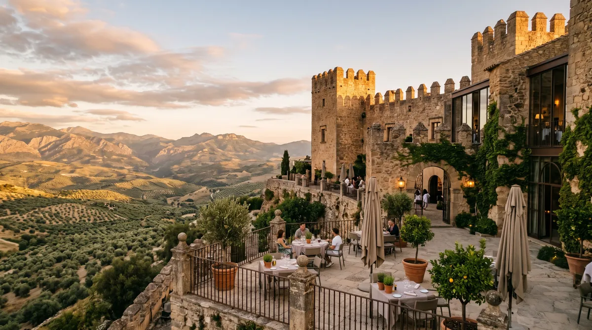 Ein Burghotel aus Stein auf einem Hügel in Spanien zur goldenen Stunde, mit einer Terrasse über Olivenhainen
