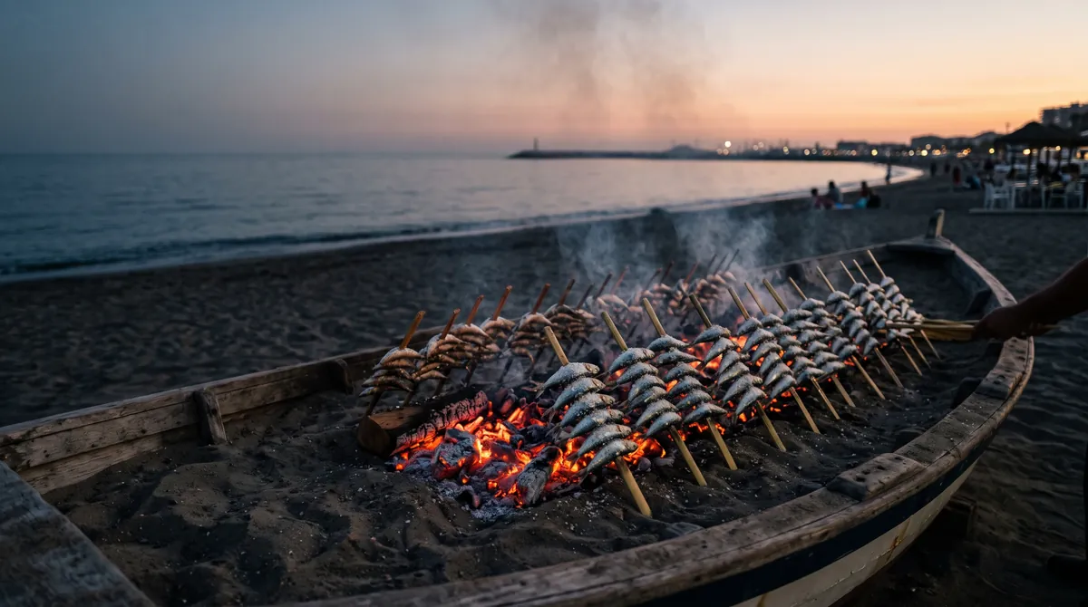 Sardinen am Spieß grillen über Glut in einem alten, mit Sand gefüllten Holzboot an einem Strand in der Abenddämmerung