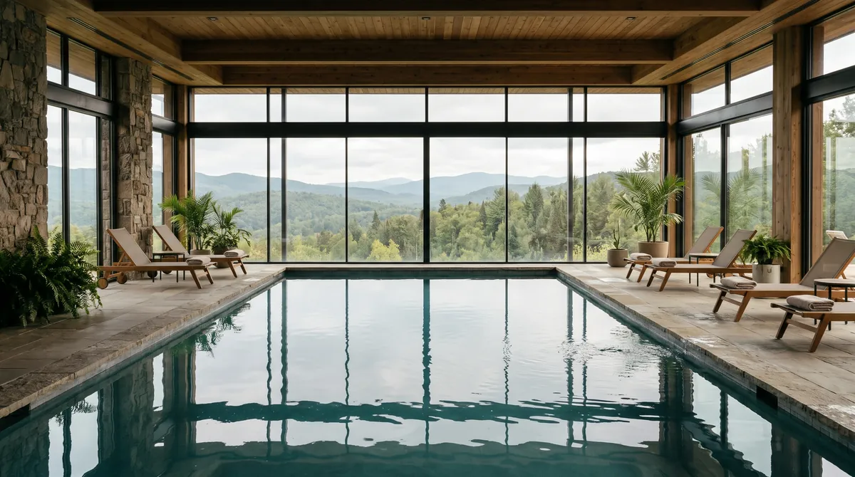 Ein ruhiges Hallenbad in einem Berghotel mit hohen Fenstern auf bewaldete Hügel und Liegen mit Handtüchern