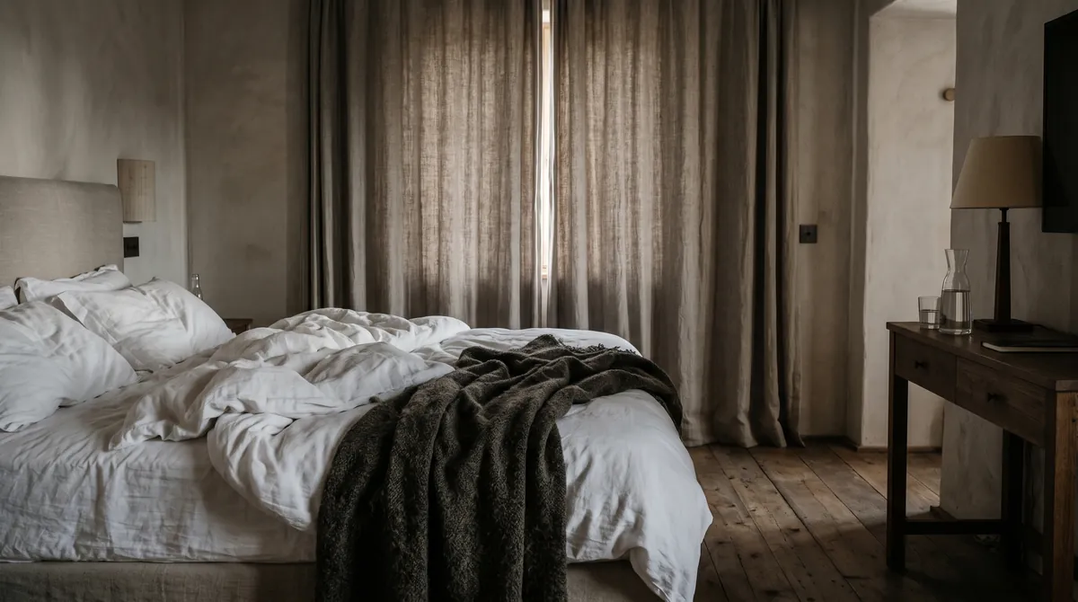 Ein ruhiges Hotelschlafzimmer mit weicher weißer Bettwäsche und schweren Vorhängen, die gegen die Morgendämmerung fast geschlossen sind