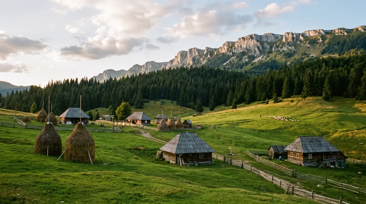 Ein Bergdorf in den rumänischen Karpaten, Holzhäuser und Heuhaufen auf Wiesen unterhalb eines Kalksteinkamms