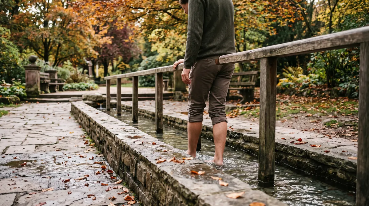 Eine Person geht durch ein kaltes Wasserbecken mit Handlauf in einem Kurpark, ringsum Herbstbäume