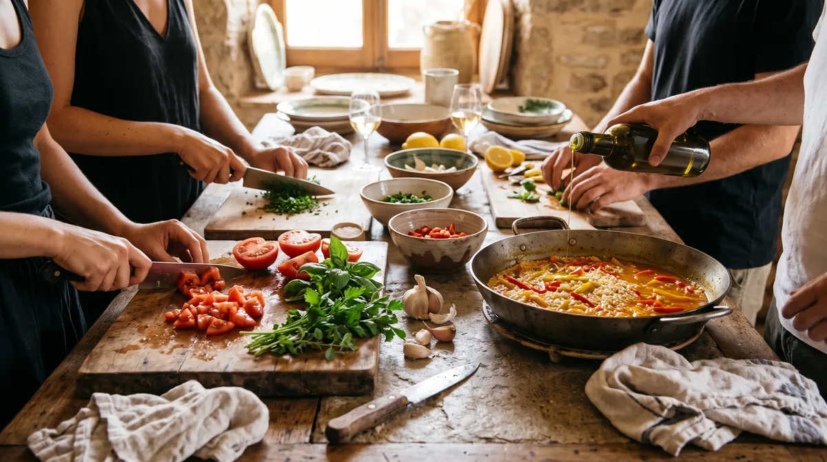 Mehrere Menschen bereiten gemeinsam ein mediterranes Gericht an einer rustikalen Küchenzeile zu