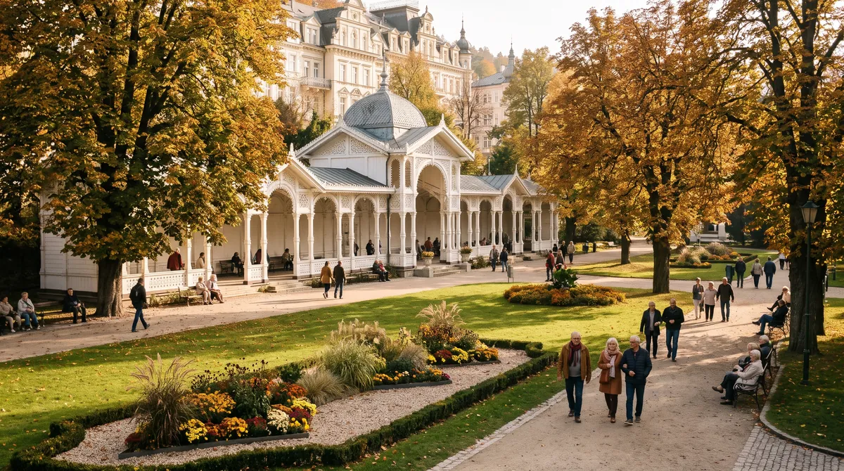 Eine lange weiße Kolonnade mit einem Pavillon im Park einer mitteleuropäischen Kurstadt im Herbst