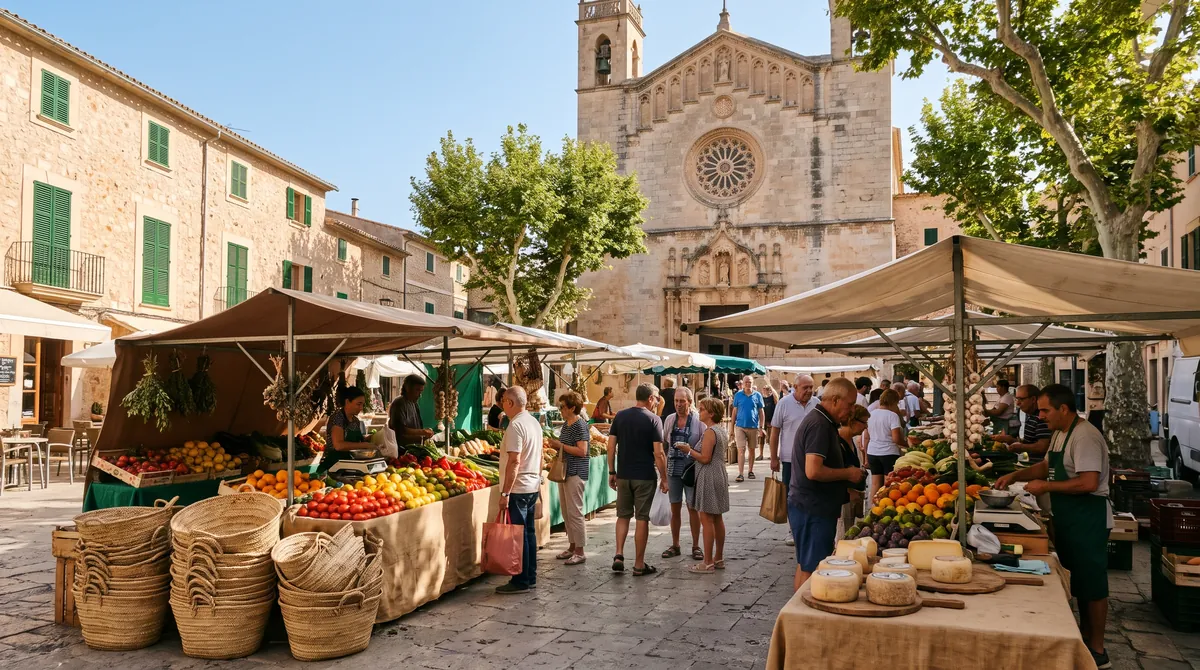Ein Wochenmarkt auf einem sonnigen Platz im Landesinneren Mallorcas vor einer Sandsteinkirche