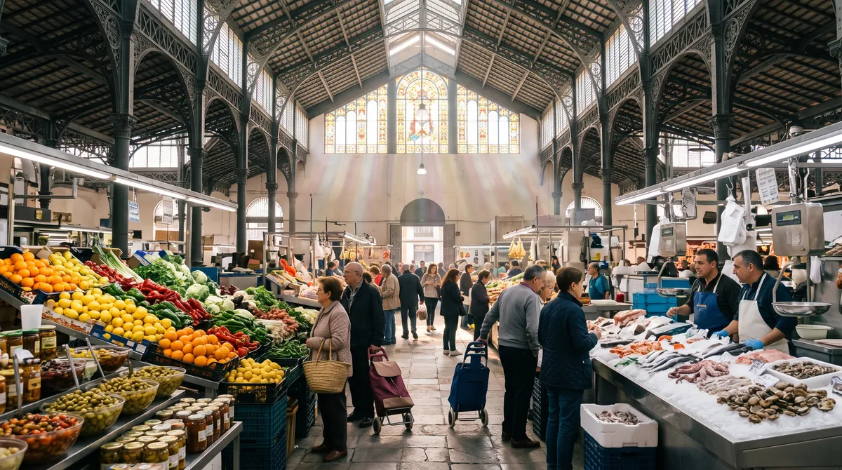 Im Inneren einer Markthalle aus Eisen und Glas in Südspanien mit Obst, Oliven und Fisch unter einem Buntglasfenster