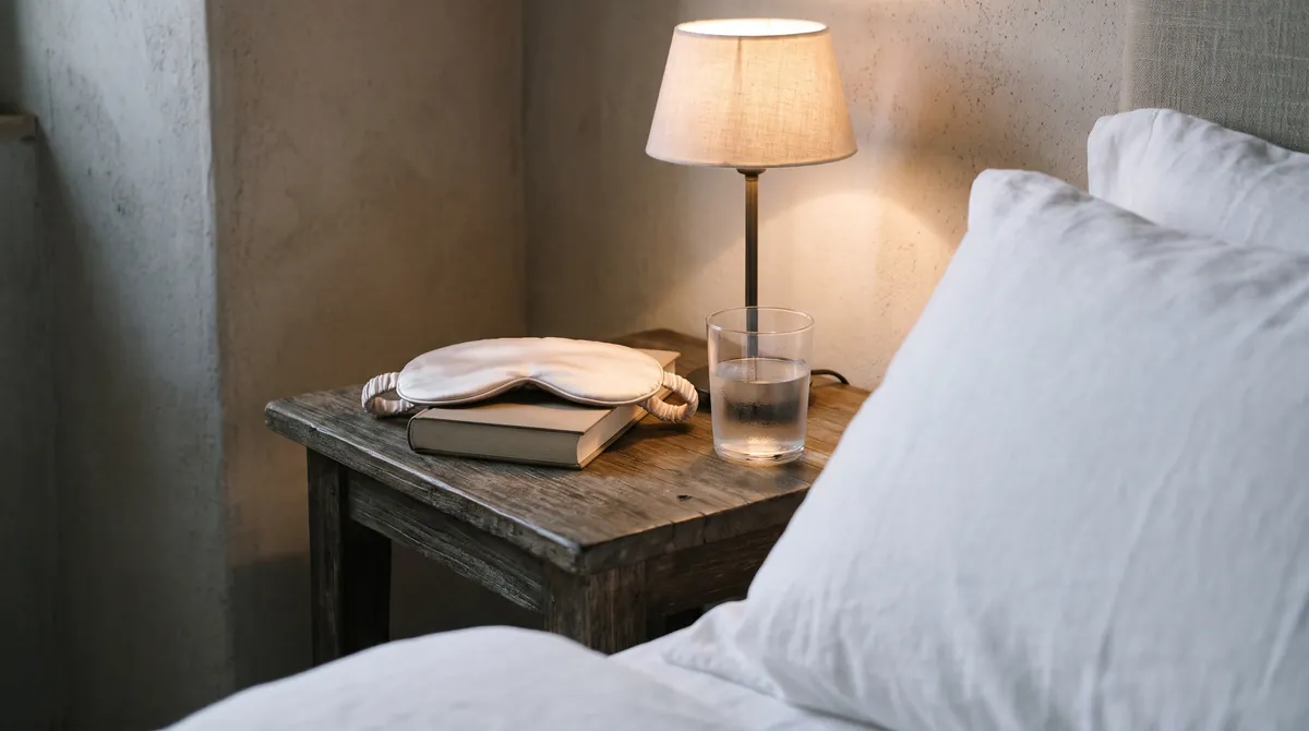 Ein Nachttisch mit Seidenschlafmaske, einem geschlossenen Buch, einem Glas Wasser und einer kleinen warmen Lampe