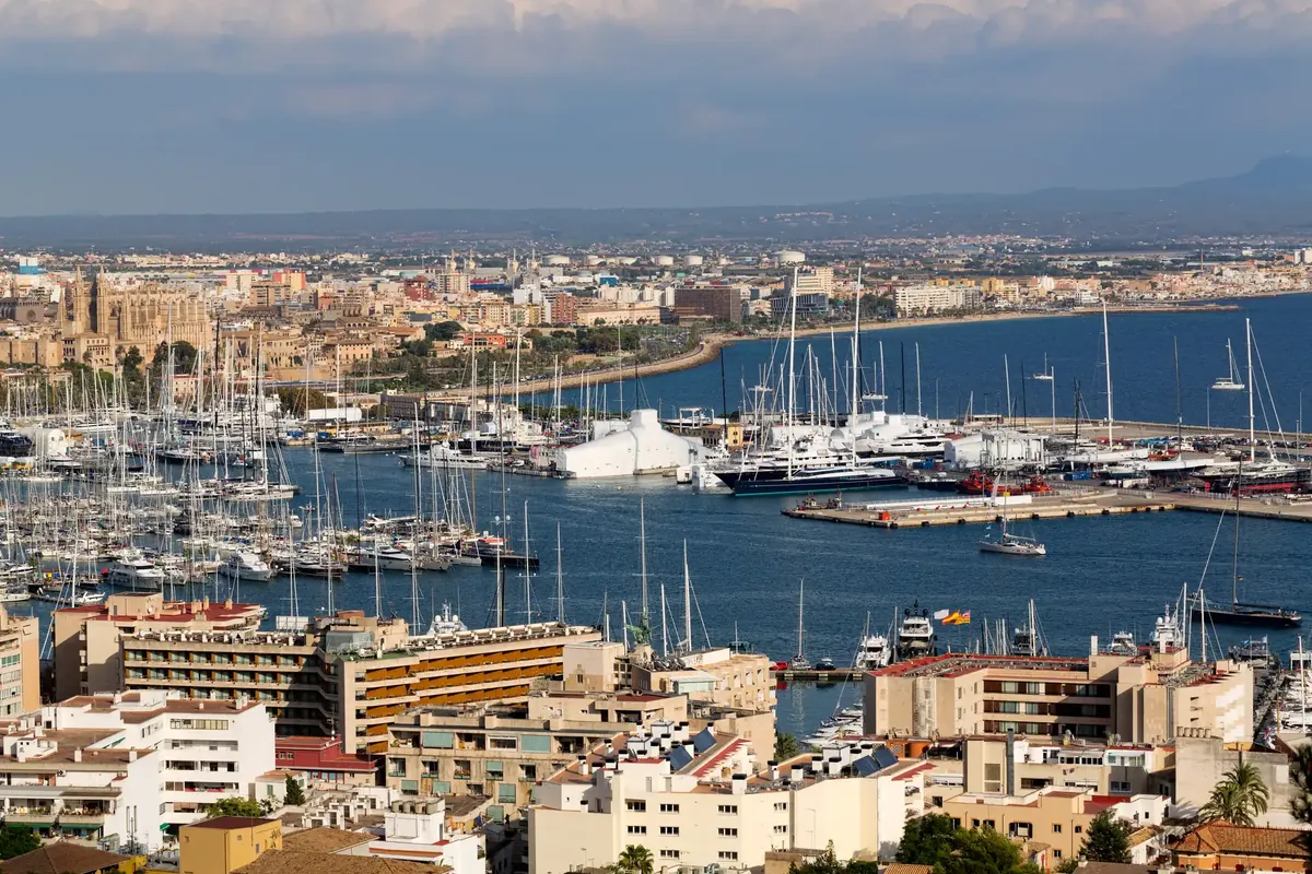 Jachten im Hafen von Palma, dahinter die Stadt und die Kathedrale
