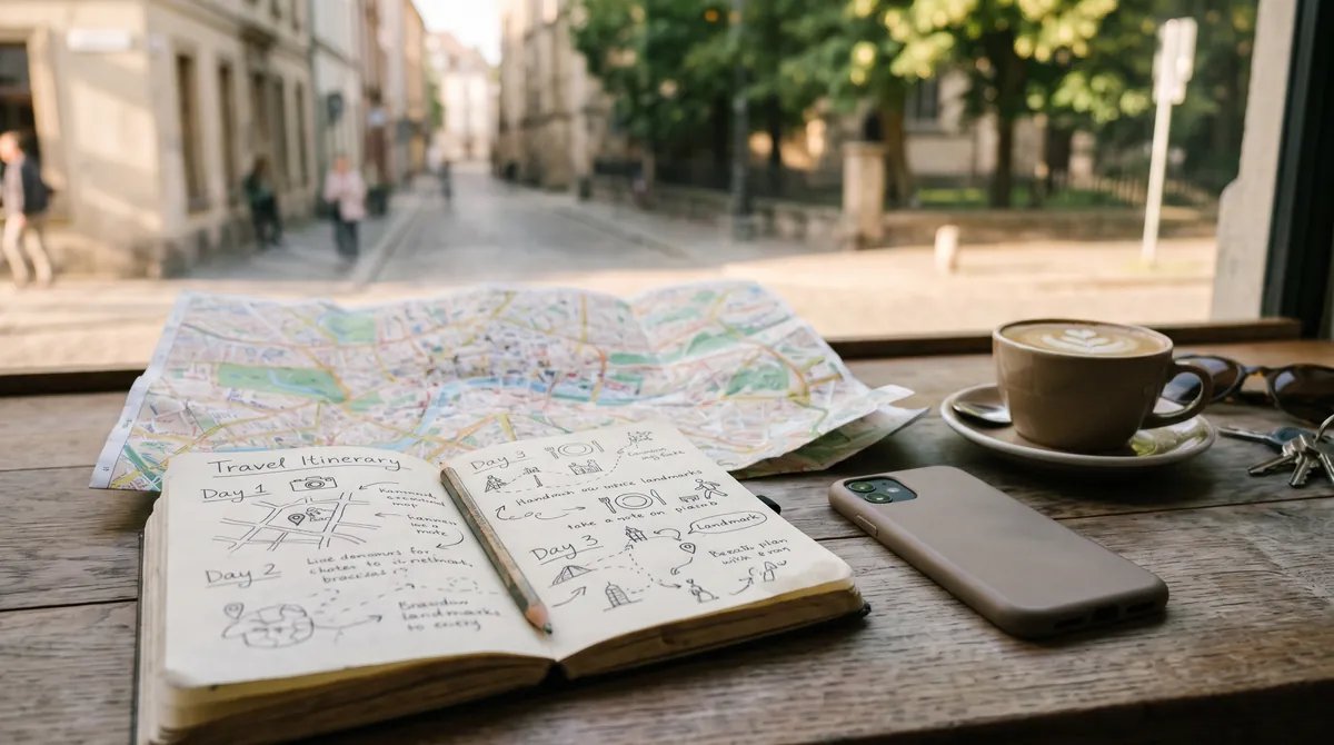 Ein Reisenotizbuch mit handgezeichnetem Plan für drei Tage, eine gefaltete Karte, ein Bleistift und ein Kaffee auf einem Cafétisch