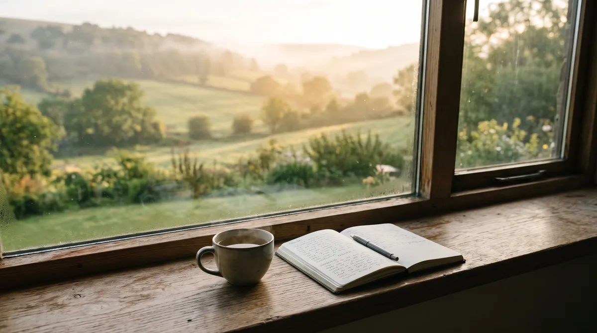 Eine Tasse Kräutertee und ein Tagebuch auf einer hölzernen Fensterbank über einem nebligen Tal bei Sonnenaufgang