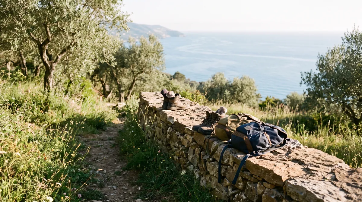 Wanderschuhe und zwei kleine Rucksäcke ruhen auf einer Steinmauer neben einem Weg mit Olivenbäumen und dem Meer