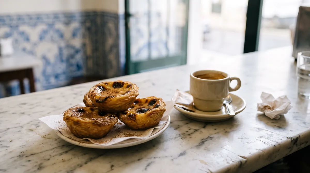 Puddingtörtchen mit karamellisierter Oberfläche auf einer Marmortheke eines Cafés in Lissabon, daneben ein kleiner Espresso