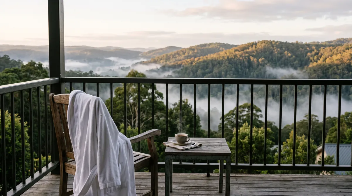 Morgen auf einem Hotelbalkon mit Bademantel, einer Tasse Tee und Blick über bewaldete Hügel