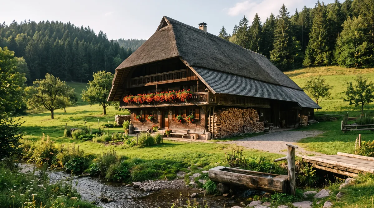 Ein traditioneller Schwarzwälder Bauernhof mit weit heruntergezogenem Dach, Holzbalkonen mit roten Geranien und Brennholz unter dem Dachvorsprung