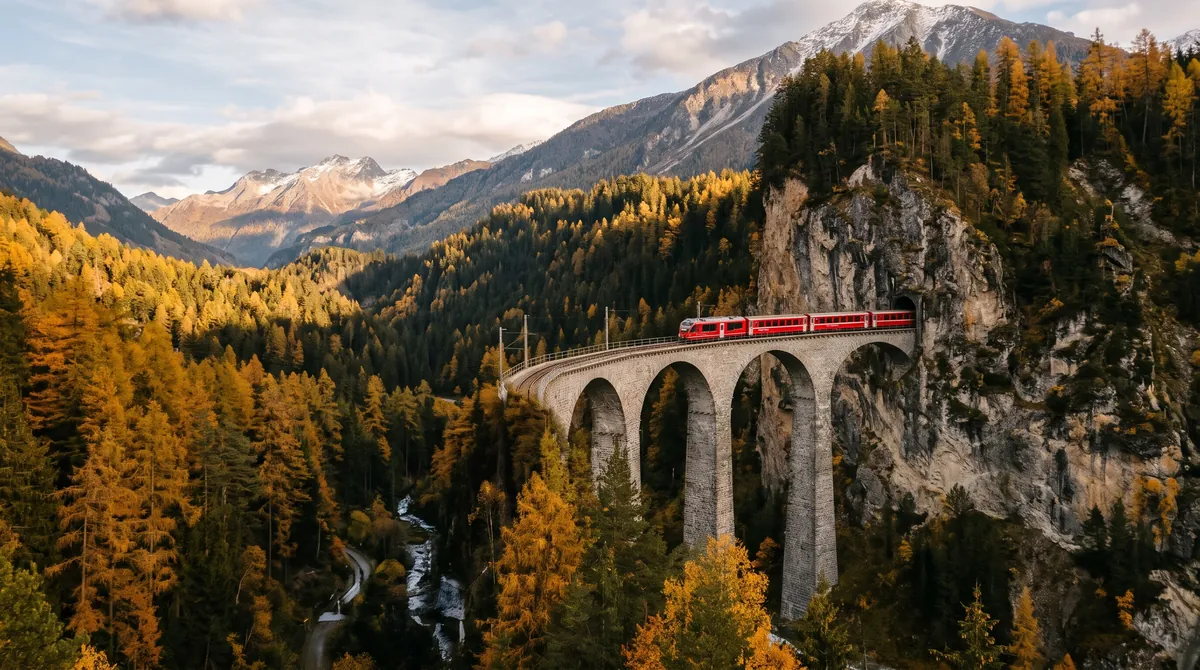 Ein roter Bergzug überquert ein hohes, geschwungenes Steinviadukt in den Schweizer Alpen zwischen goldenen Herbstlärchen