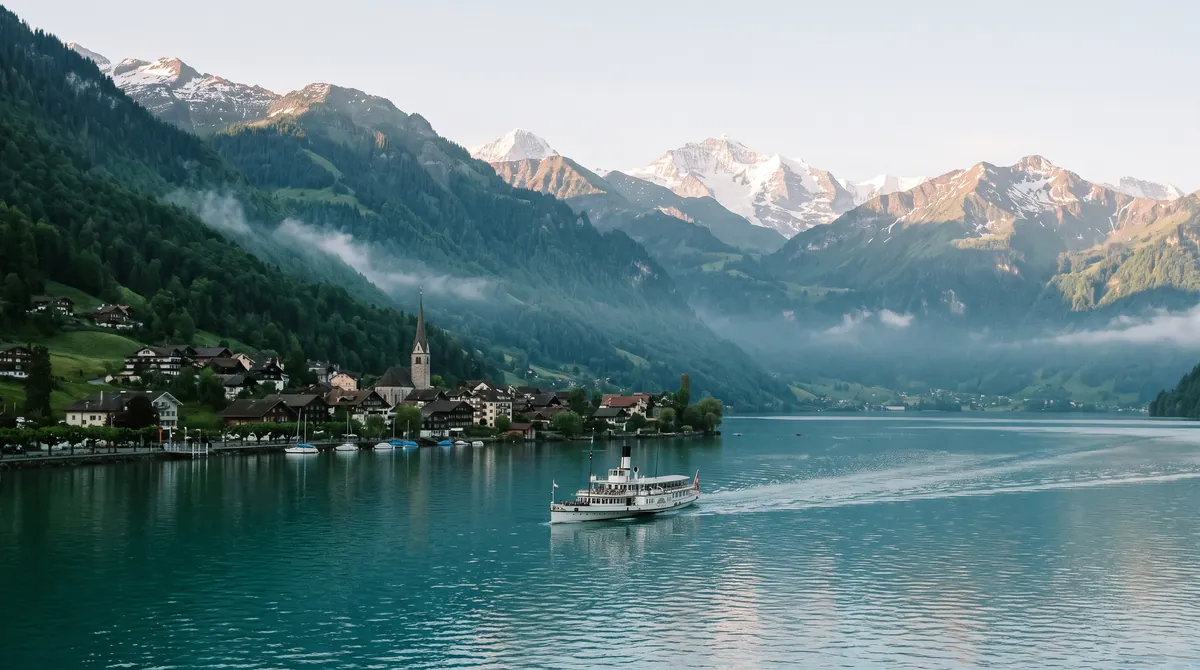 Ein ruhiger türkisfarbener Schweizer See zwischen steilen grünen Bergen, ein weißer Raddampfer und ein Dorf am Ufer mit Kirchturm