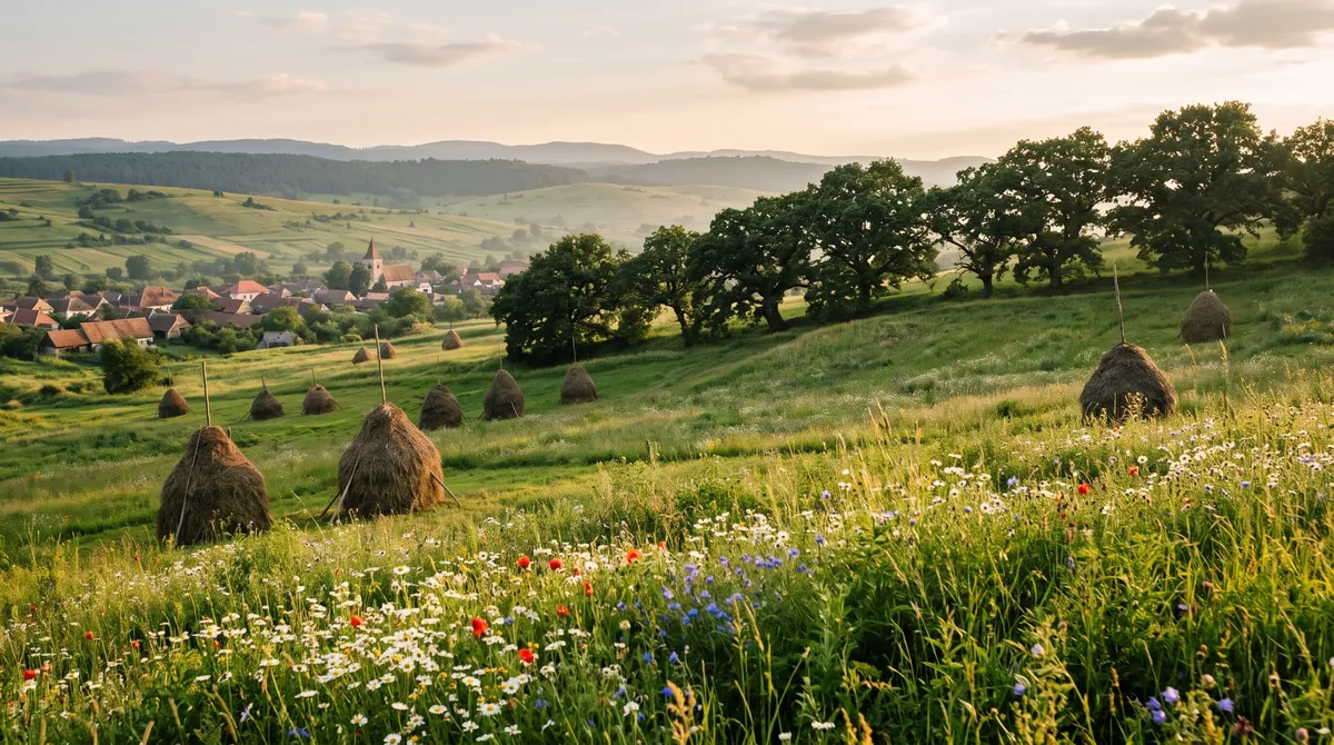 Blumenreiche Heuwiesen in Siebenbürgen im Juni mit traditionellen Heuhaufen, alten Eichen und sanften Hügeln