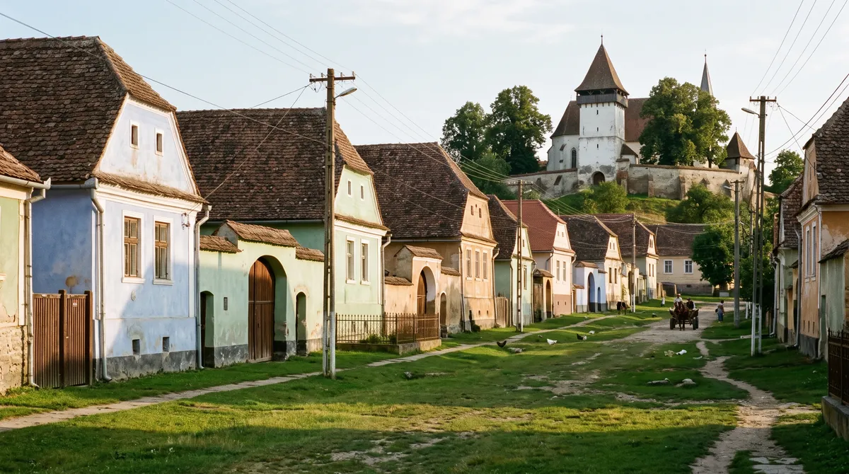 Ein sächsisches Dorf in Siebenbürgen, pastellfarbene Bauernhäuser an einer grasbewachsenen Straße und eine Kirchenburg auf dem Hügel dahinter