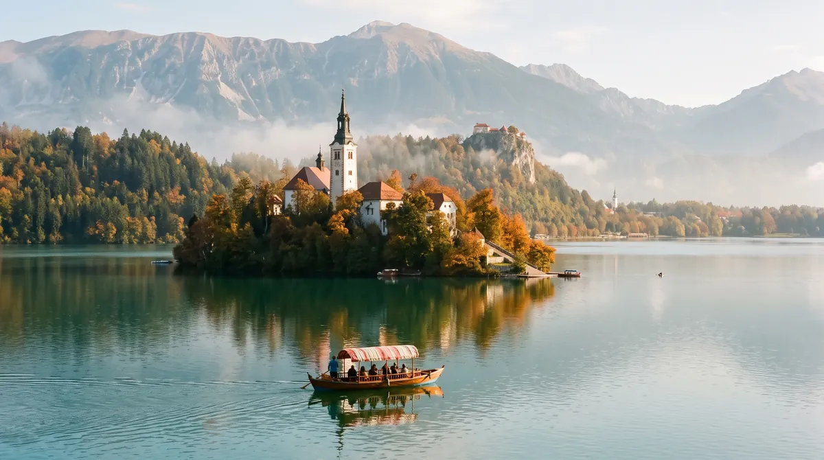 Eine Insel mit weißer Kirche in einem smaragdgrünen Alpensee in Slowenien, ein hölzernes Ruderboot nähert sich, auf dem Felsen eine Burg