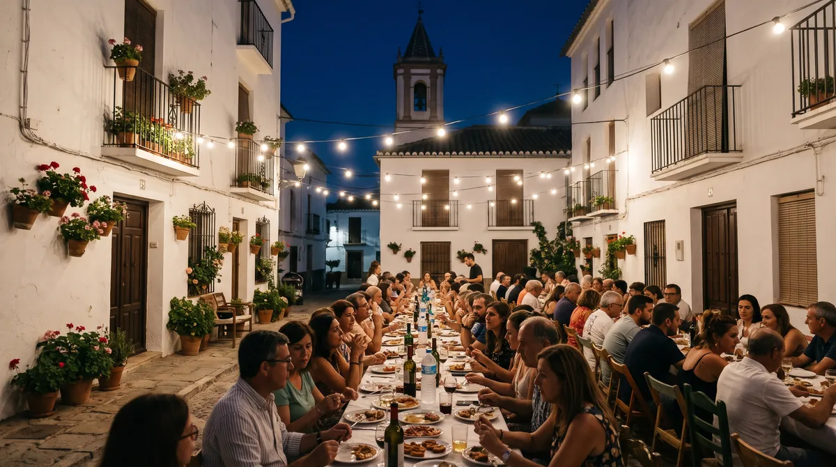 Familien und Freunde essen spät am Abend gemeinsam an einer langen Tafel auf einem kleinen Platz der Altstadt