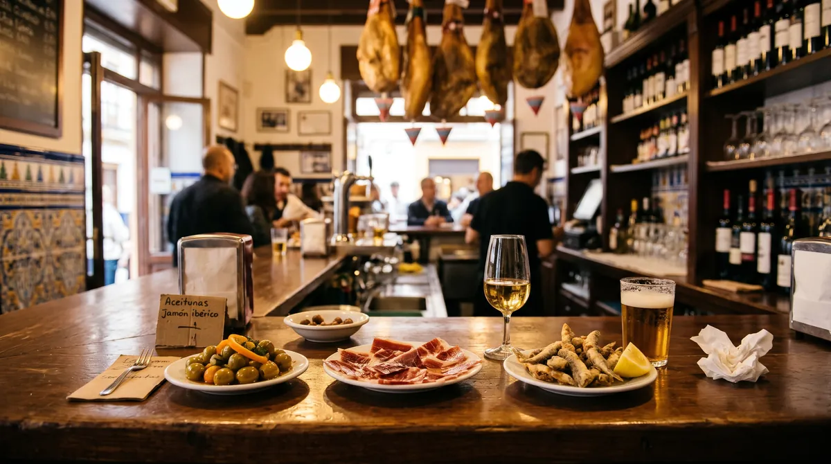 Kleine Tapasteller, ein Glas Sherry und ein kleines Bier auf dem Holztresen einer andalusischen Bar