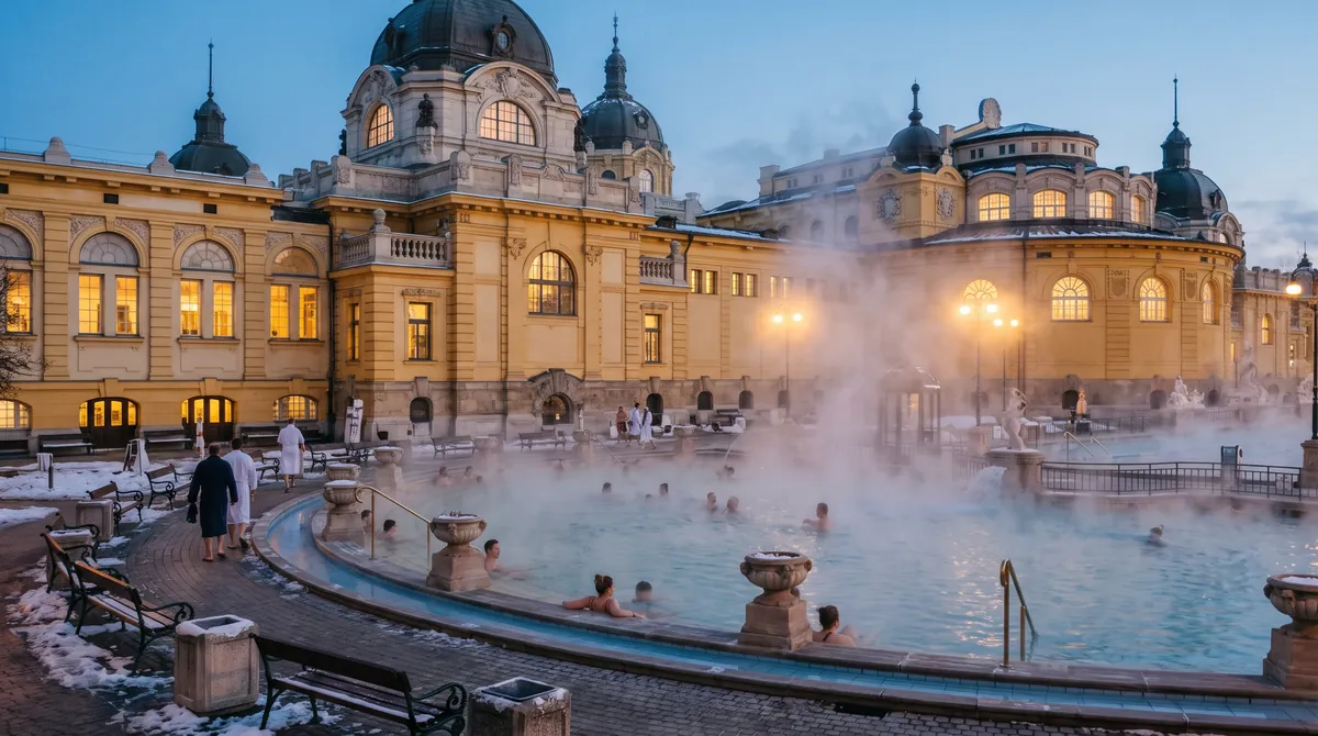 Ein großes Thermalfreibad mit einem gelben neobarocken Gebäude rund um ein dampfendes Becken in der winterlichen Dämmerung