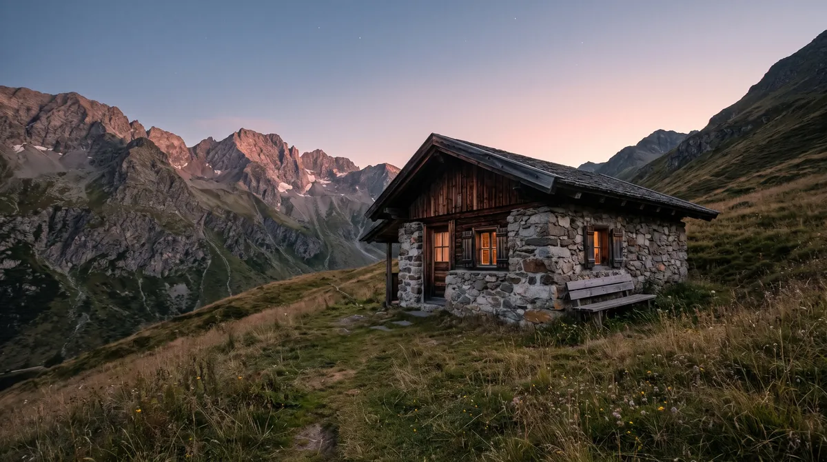 Eine kleine Berghütte in den Tiroler Alpen in der Dämmerung, warmes Licht in den Fenstern und rosa leuchtende Gipfel darüber
