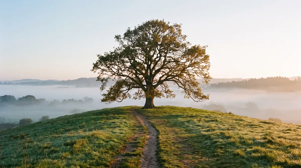 Ein einzelner alter Baum auf einem sanften Hügel im Morgengrauen, ein Weg führt dorthin, im Tal liegt Nebel