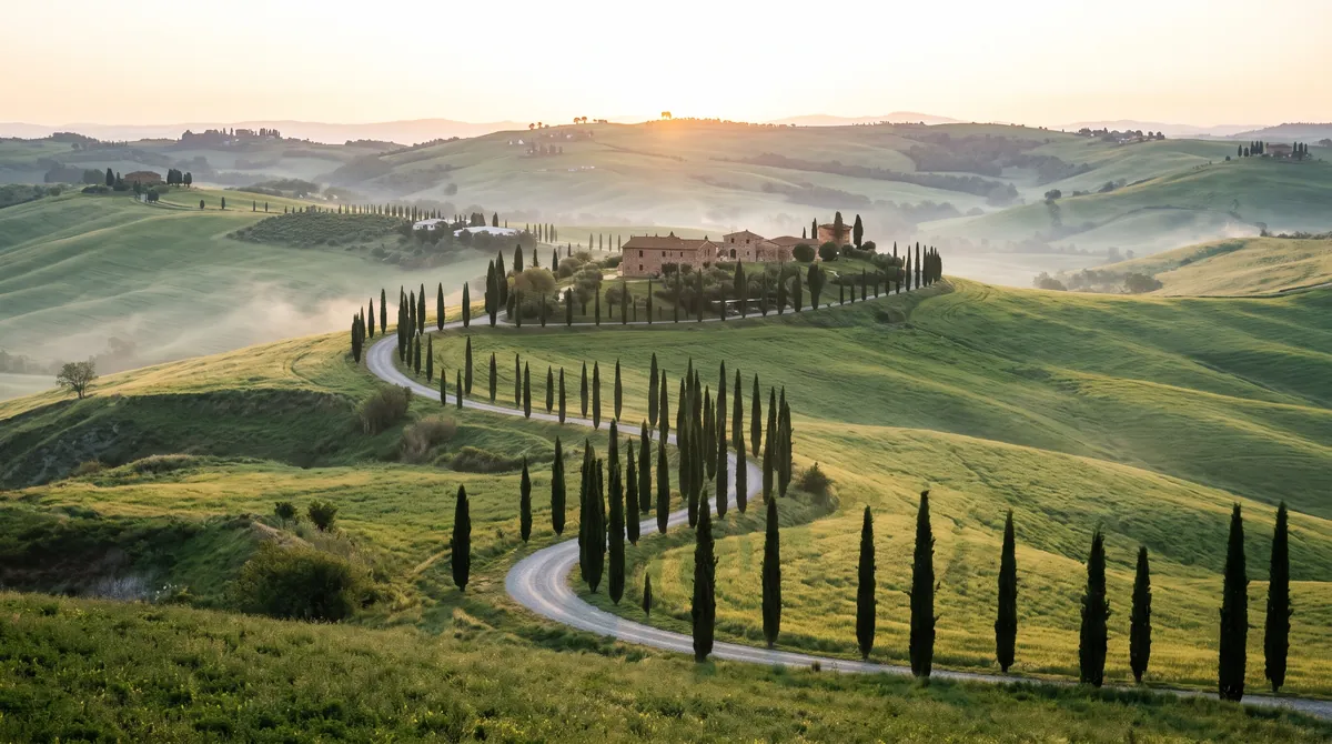 Die sanften Hügel des Val d’Orcia bei Sonnenaufgang, ein Schotterweg mit Zypressen führt zu einem steinernen Bauernhaus