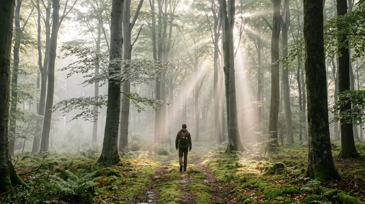 Eine Person geht langsam auf einem moosigen Pfad in einem hohen Buchenwald im Licht und Nebel des frühen Morgens