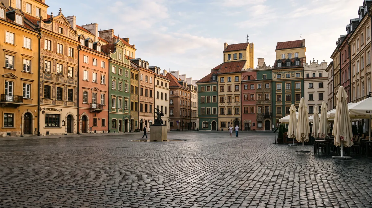 Der Marktplatz der Warschauer Altstadt an einem ruhigen Sommermorgen, schmale Bürgerhäuser in Ocker, Lachs, Grün und Creme mit bemalten Fassaden