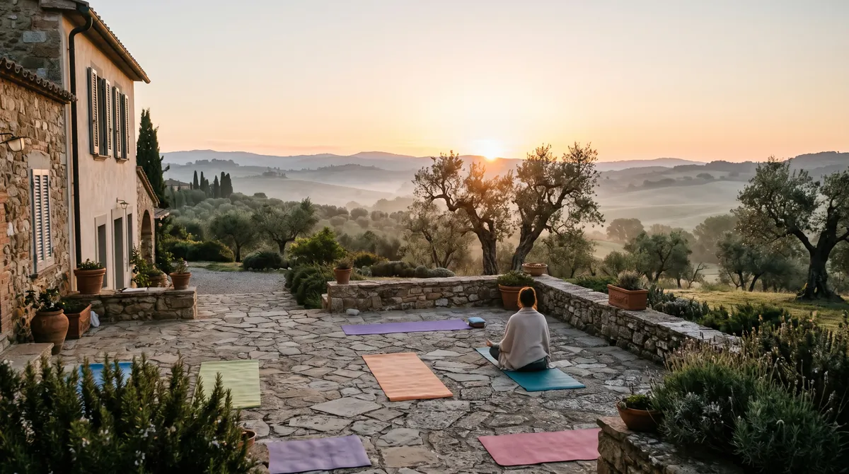 Yogamatten auf einer Steinterrasse eines mediterranen Landhauses bei Sonnenaufgang, eine Person meditiert