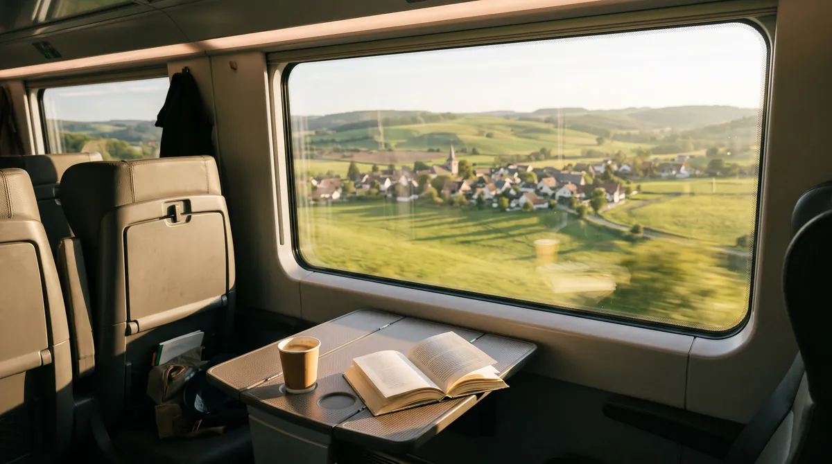 Blick aus dem Fenster eines Hochgeschwindigkeitszugs auf grünes Land zur goldenen Stunde, auf dem Tisch ein Buch und ein Kaffee